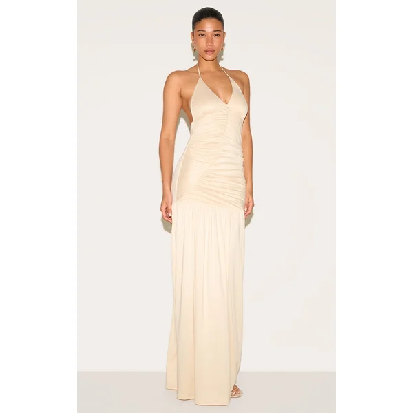 Almond Double Layer Soft Touch Shift Hem Maxi Dress