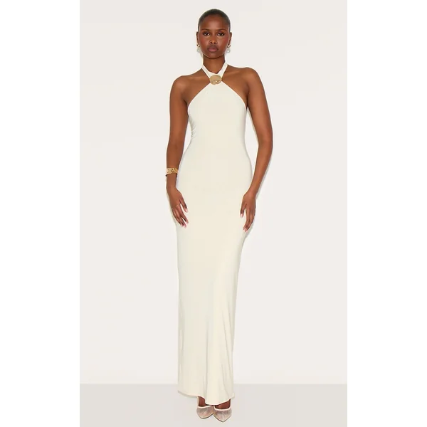 Almond Double Layered Slinky Halter Neck Trim Detail Maxi Dress