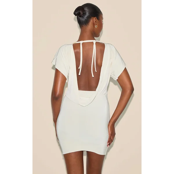 Almond Double Layered Slinky Ruched Short Sleeve Mini Dress