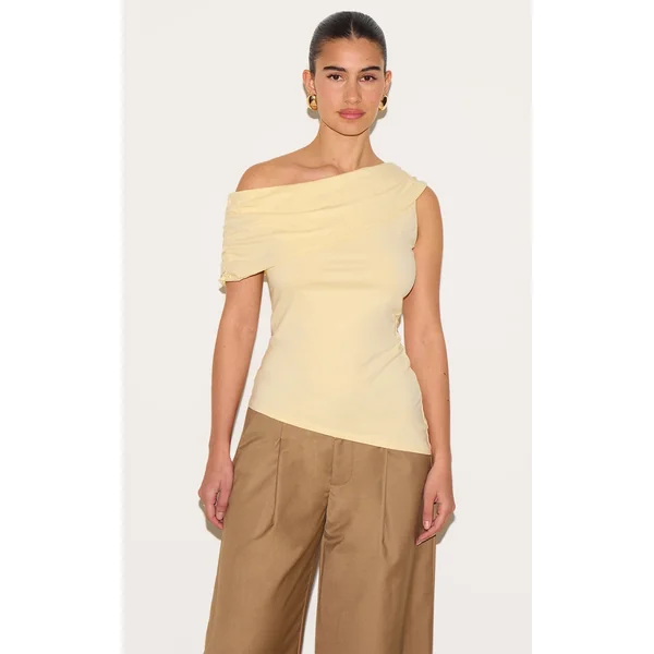 Almond Fold Over Cotton Asymmetric Hem Long Top