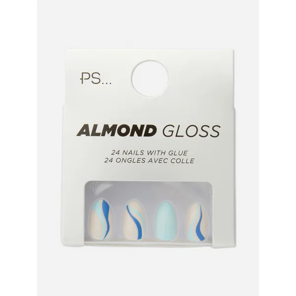 Almond Gloss Swirl Stick-On Faux Nails - Blue