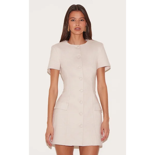 Almond Herringbone Tailored Short Sleeve Mini Dress