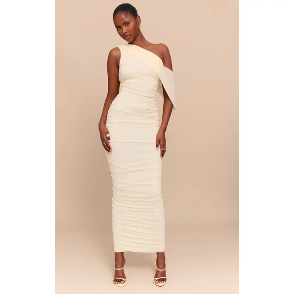 Almond Mesh Overlay One Shoulder Ruched Maxi Dress