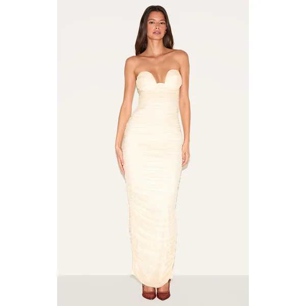 Almond Mesh Ruched Bandeau Maxi Dress