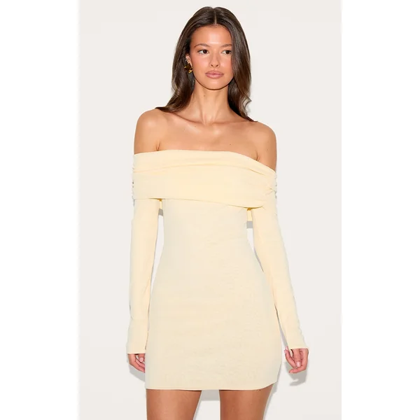 Almond Onion Skin Bardot Ruched Bodycon Dress