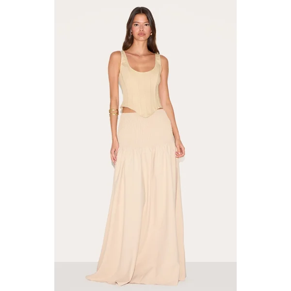 Almond Shirred Waist Cotton Poplin Maxi Skirt