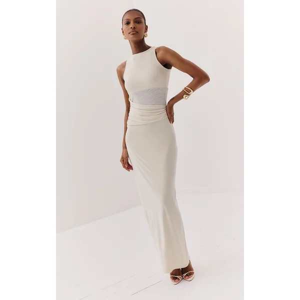 Almond Slinky Mesh Cut Out Maxi Dress