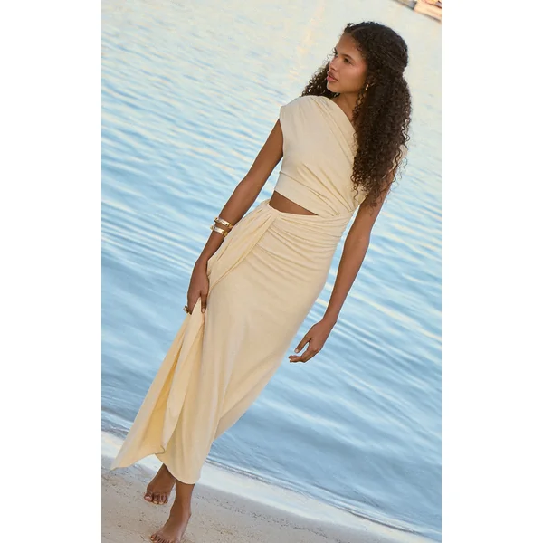 Almond Soft Touch Ruched Asymmetric Cut Out Maxi Dress