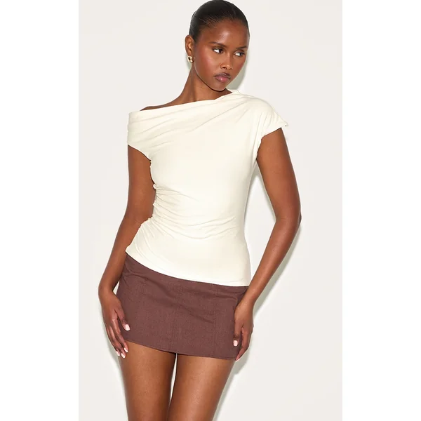 Almond Soft Touch Ruched Asymmetric Longline Top