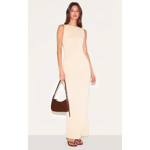 Almond Textured Boat Neck Sleeveless Maxi Dress