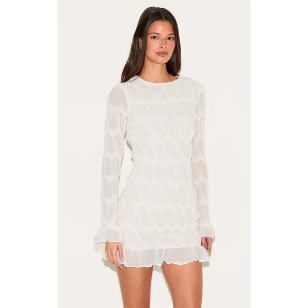 Almond Textured Long Sleeve Boat Neck Mini Dress