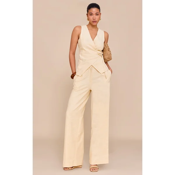 Almond Textured Pleat Mid Rise Wide Leg Pants