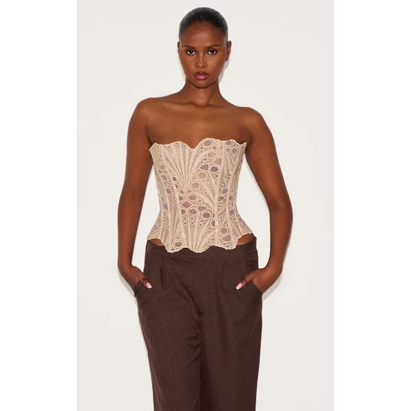 Almond Textured Sheer Floral Lace Corset