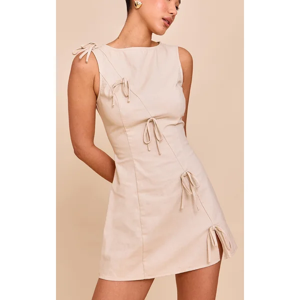 Almond Woven Asymmetric Bow Detail Shift Dress