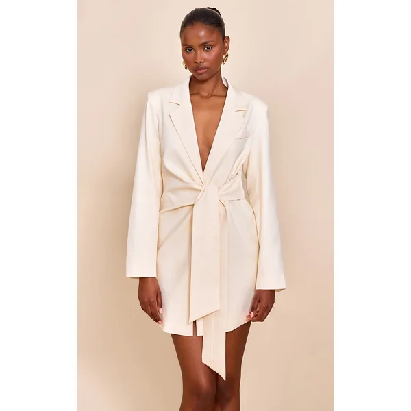 Almond Woven Blazer Side Tie Mini Dress