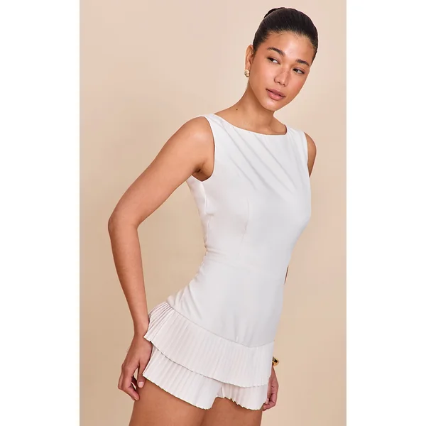 Almond Woven Boat Neck Ruffle Detail Romper