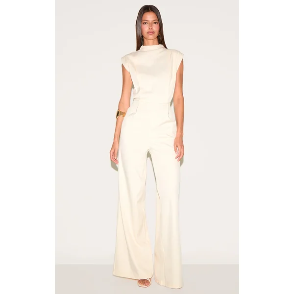 Almond Woven Cap Sleeve Wide Leg Jumpsuit
