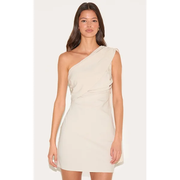 Almond Woven Drape Shoulder Mini Dress