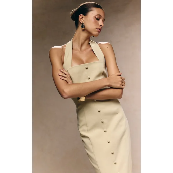 Almond Woven Halter Button Maxi Dress