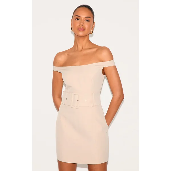 Almond Woven Off Shoulder Belt Detail Mini Dress