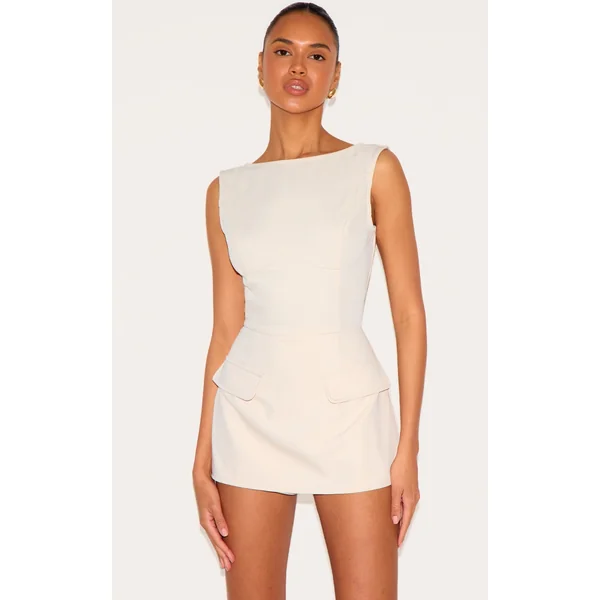 Almond Woven Pocket Detail Sleeveless Skort Romper