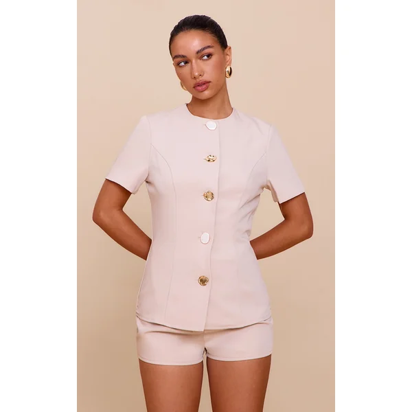 Almond Woven Short Sleeve Button Detail Romper