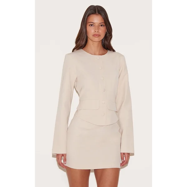 Almond Woven Tailored Button Detail Mini Dress