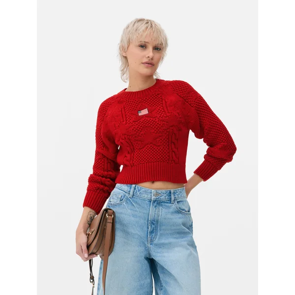 American Flag Cable Knit Sweater - Red