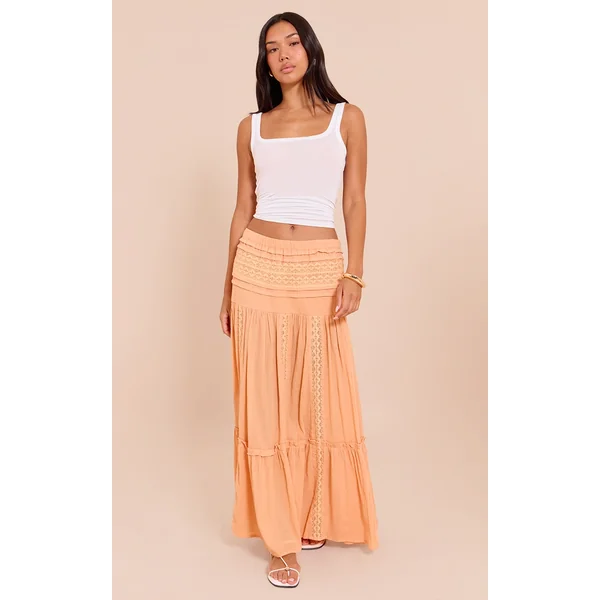 Apricot Cheesecloth And Broiderie Paneled Maxi Skirt