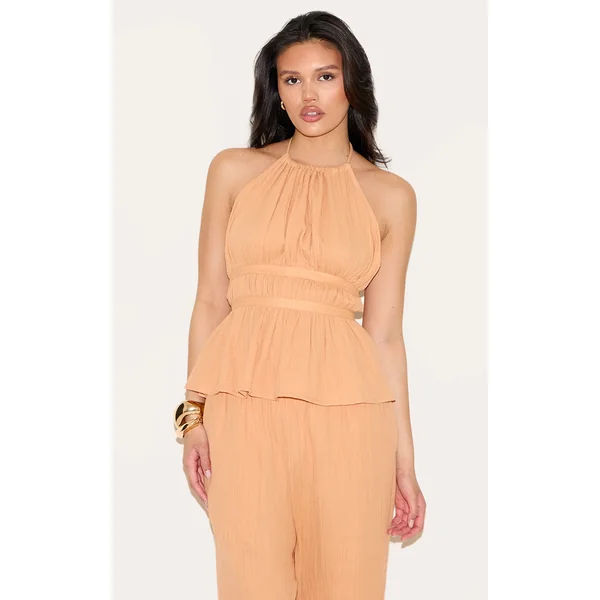 Apricot Cheesecloth Halterneck Sleeveless Backless Top