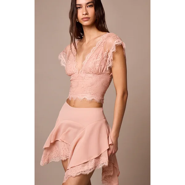 Apricot Chiffon Lined Lace Detail Plunge Top