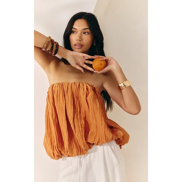 Apricot Matte Satin Plisse Puffball Bandeau