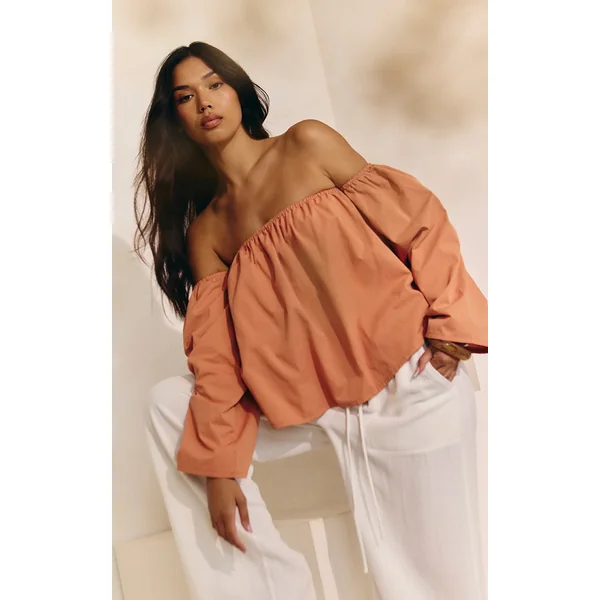 Apricot Peach Skin Floaty Bardot Top
