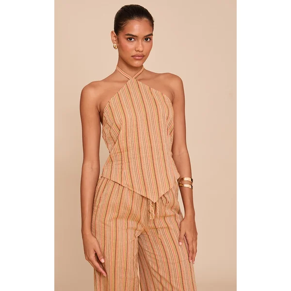 Apricot Pinstripe Halter Neck Pointed Hem Top