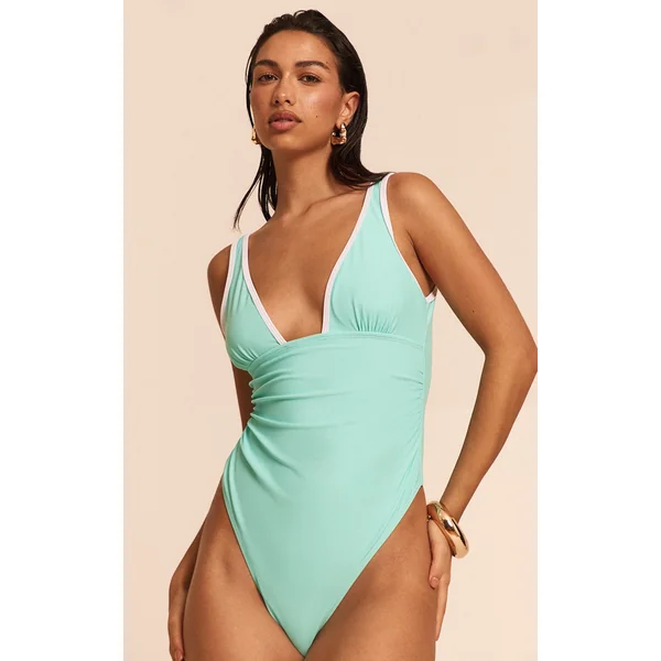 Aqua Blue Contrast Binding Plunge Ruched Swimsuit