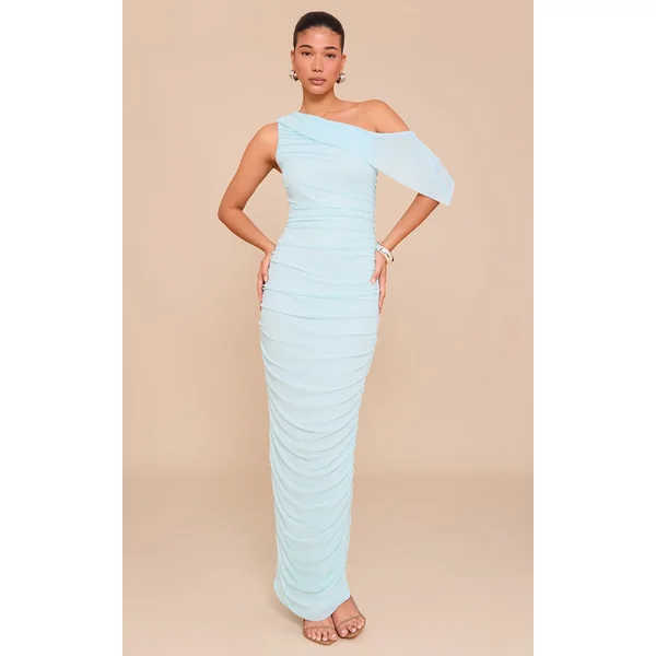 Aqua Blue Mesh Overlay One Shoulder Ruched Maxi Dress