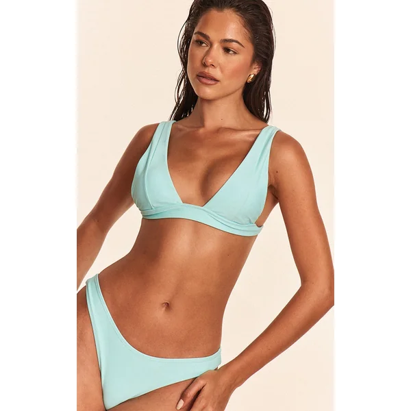 Aqua Blue Plunge Triangle Seam Detail Bikini Top