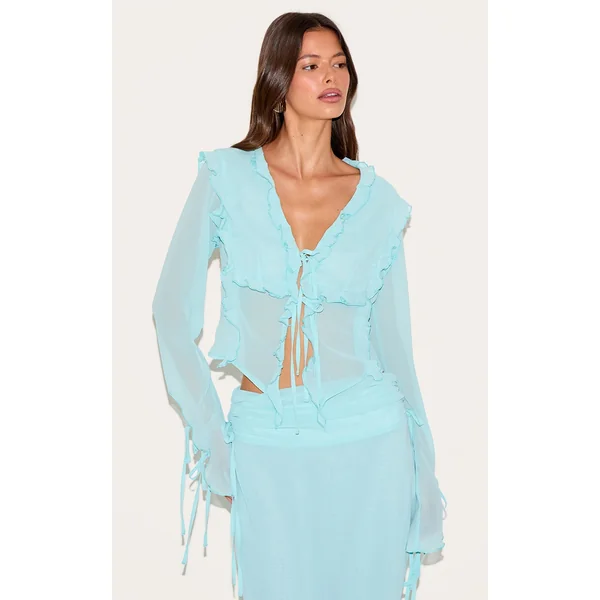 Aqua Chiffon Ruffle Tie Front Blouse