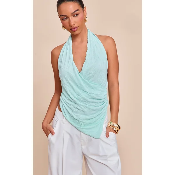 Aqua Double Layer Crinkle Mesh Halter Neck Drapey Long Top
