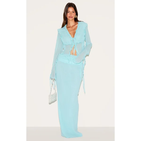 Aqua Ruched Chiffon Maxi Skirt