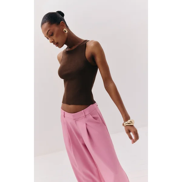 Ash Brown Fine Knit Racer Neck Top