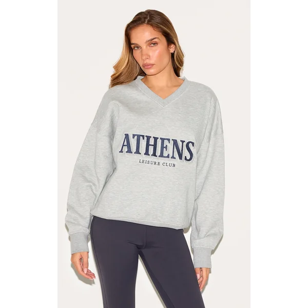 Ash Grey Athens Embroidered V Neck Sweatshirt