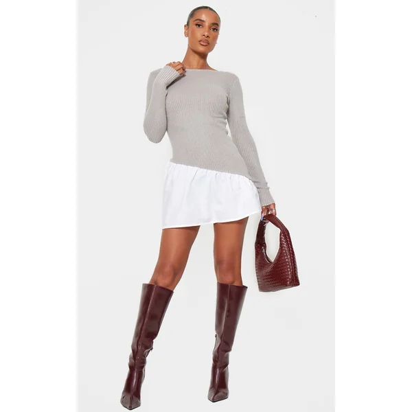 Ash Grey Brushed Rib Asymmetric Hem Shift Dress