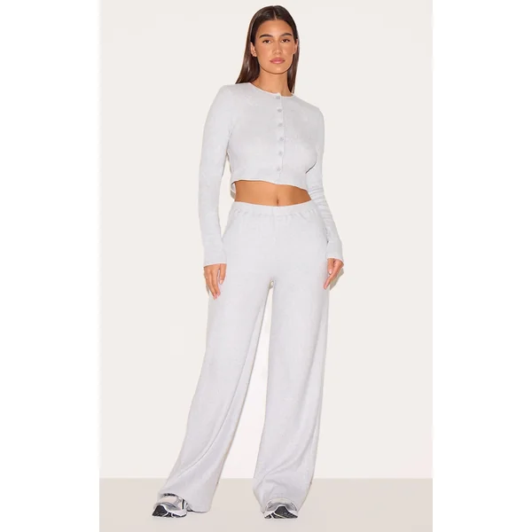 Ash Grey Brushed Rib Wide Leg Pants