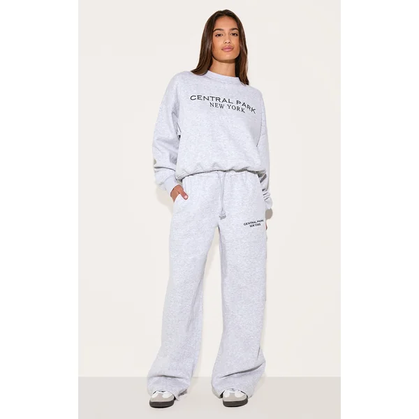 Ash Grey Central Park Embroidered Wide Leg Sweatpants