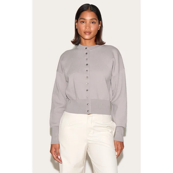 Ash Grey Compact Knit Button Through Cardigan