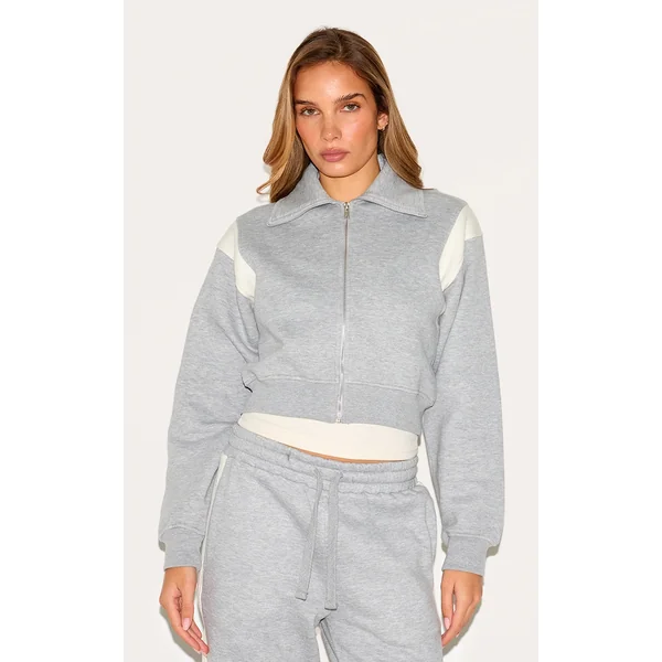 Ash Grey Contrast Panel Zip Through Collared Sweatshirt