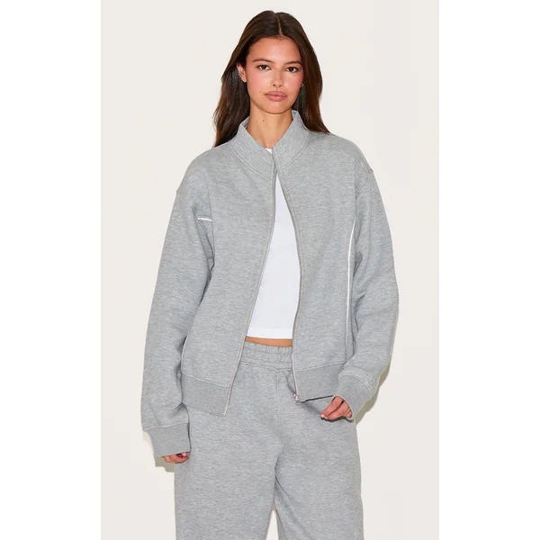 Ash Grey Contrast Seam Zip Through Sweatshirt