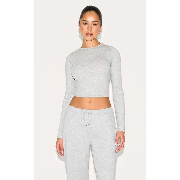 Ash Grey Cotton Jersey Long Sleeve Crew Neck Top