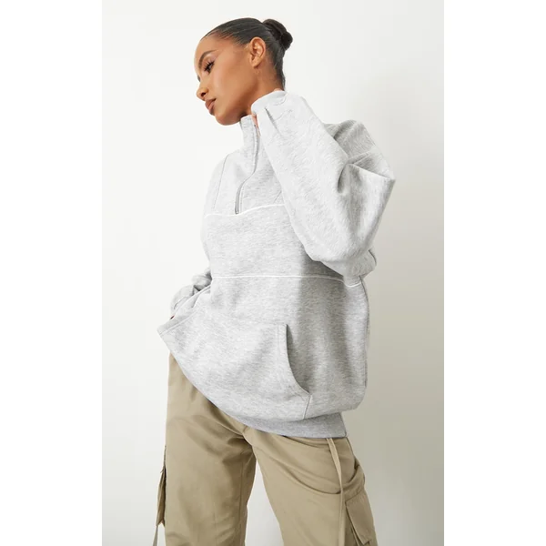 Ash Grey Half Zip Oversized Contrast Piping Sweatshirt